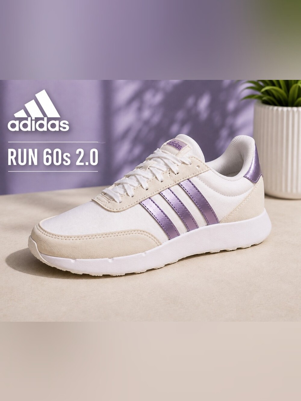 👟 adidas Run 60s 2.0 Women’s Sneakers – White / Metallic Purple 🤍Size 8.5💜NIB